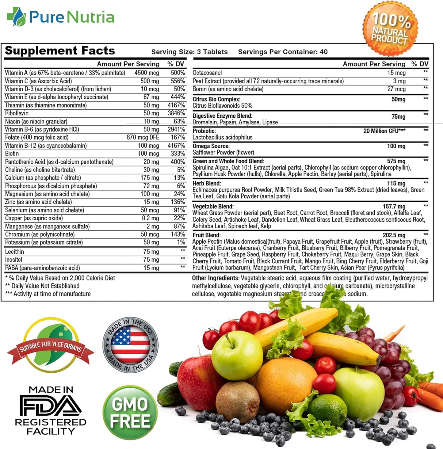 Multivitaminas y minerales integrales con enzimas probióticas \u201...