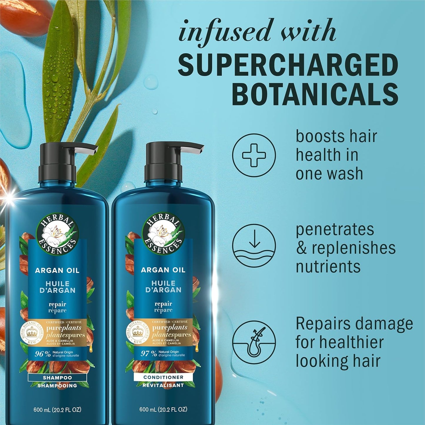 Herbal Essences Juego de champú y acondicionador reparador de aceite de argán, hidrata y suaviza, sin parabenos, seguro para el color, pH equilibrado, aroma cítrico, 20.2 onzas líquidas, paquete de 2