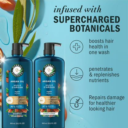 Herbal Essences Juego de champú y acondicionador reparador de aceite de argán, hidrata y suaviza, sin parabenos, seguro para el color, pH equilibrado, aroma cítrico, 20.2 onzas líquidas, paquete de 2