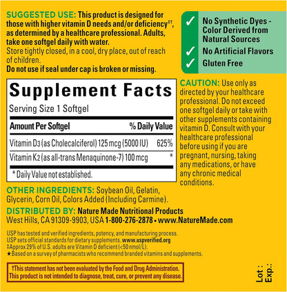 Nature Made Suplemento de Vitamina D3 K2, 5000 UI (125 mcg) Vitamin...