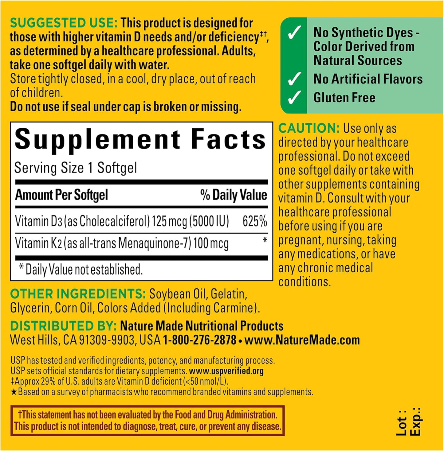 Nature Made Suplemento de Vitamina D3 K2, 5000 UI (125 mcg) Vitamin...