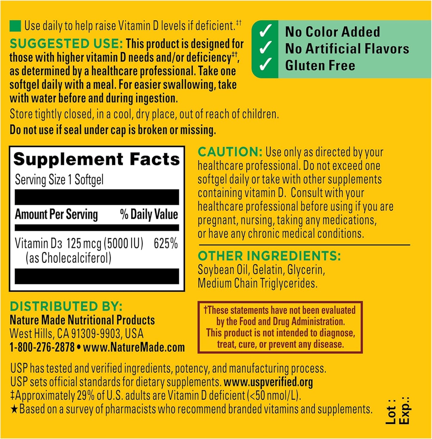 Nature Made Vitamina D3 5000 UI (125 mcg), suplemento de vitamina D...