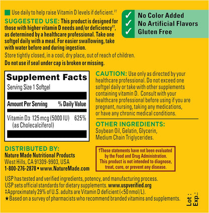 Nature Made Vitamina D3 5000 UI (125 mcg), suplemento de vitamina D...