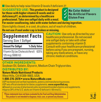 Nature Made Extra Strength Vitamina D3 5000 IU (125 mcg), suplement...