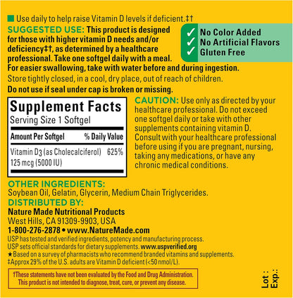 Nature Made Vitamina D3 5000 UI (125 mcg), suplemento de vitamina D...