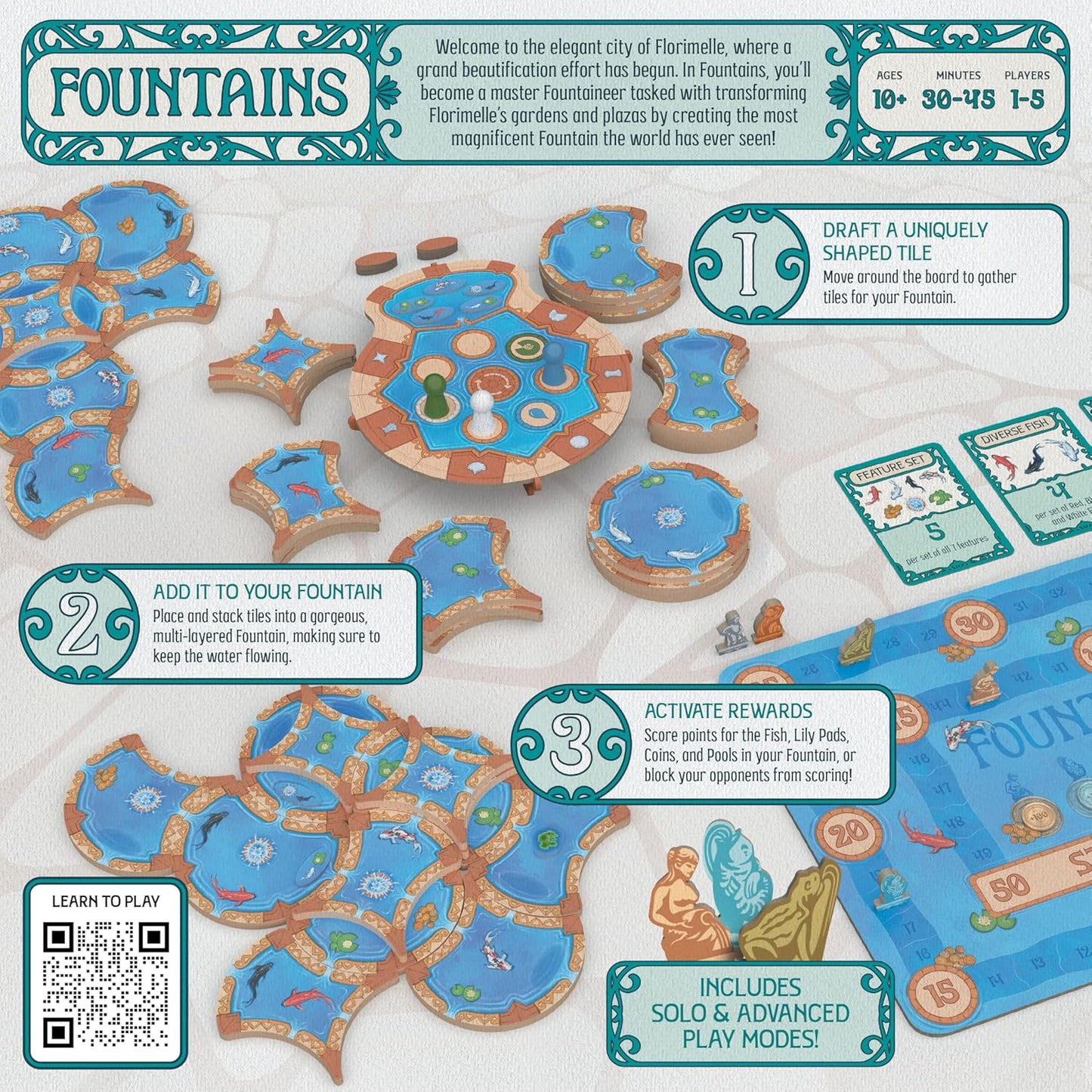 Juego de mesa Fountains, juego competitivo de colocación de azulejos y estrategia, impresionante estética Art Nouveau, 1-5 jugadores, único apilamiento 3D y reclutamiento, amigable para la familia y
