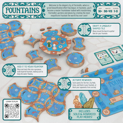 Juego de mesa Fountains, juego competitivo de colocación de azulejos y estrategia, impresionante estética Art Nouveau, 1-5 jugadores, único apilamiento 3D y reclutamiento, amigable para la familia y