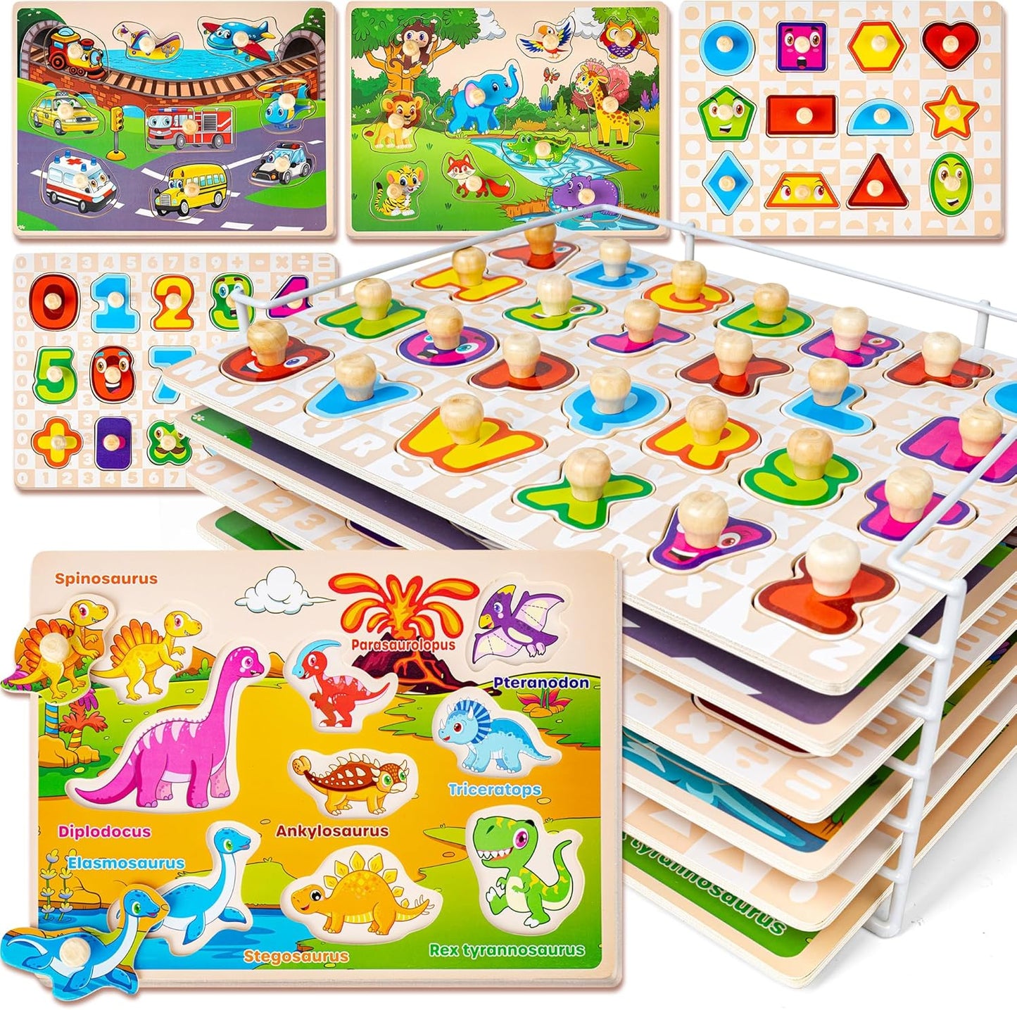 SYNARRY Rompecabezas de madera para niños pequeños de 1 a 3 años, 6 rompecabezas para niños pequeños de 2 a 4 años con estante, aprendizaje del alfabeto con forma de número animal dinosaurio, regalo