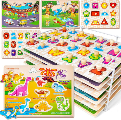 SYNARRY Rompecabezas de madera para niños pequeños de 1 a 3 años, 6 rompecabezas para niños pequeños de 2 a 4 años con estante, aprendizaje del alfabeto con forma de número animal dinosaurio, regalo