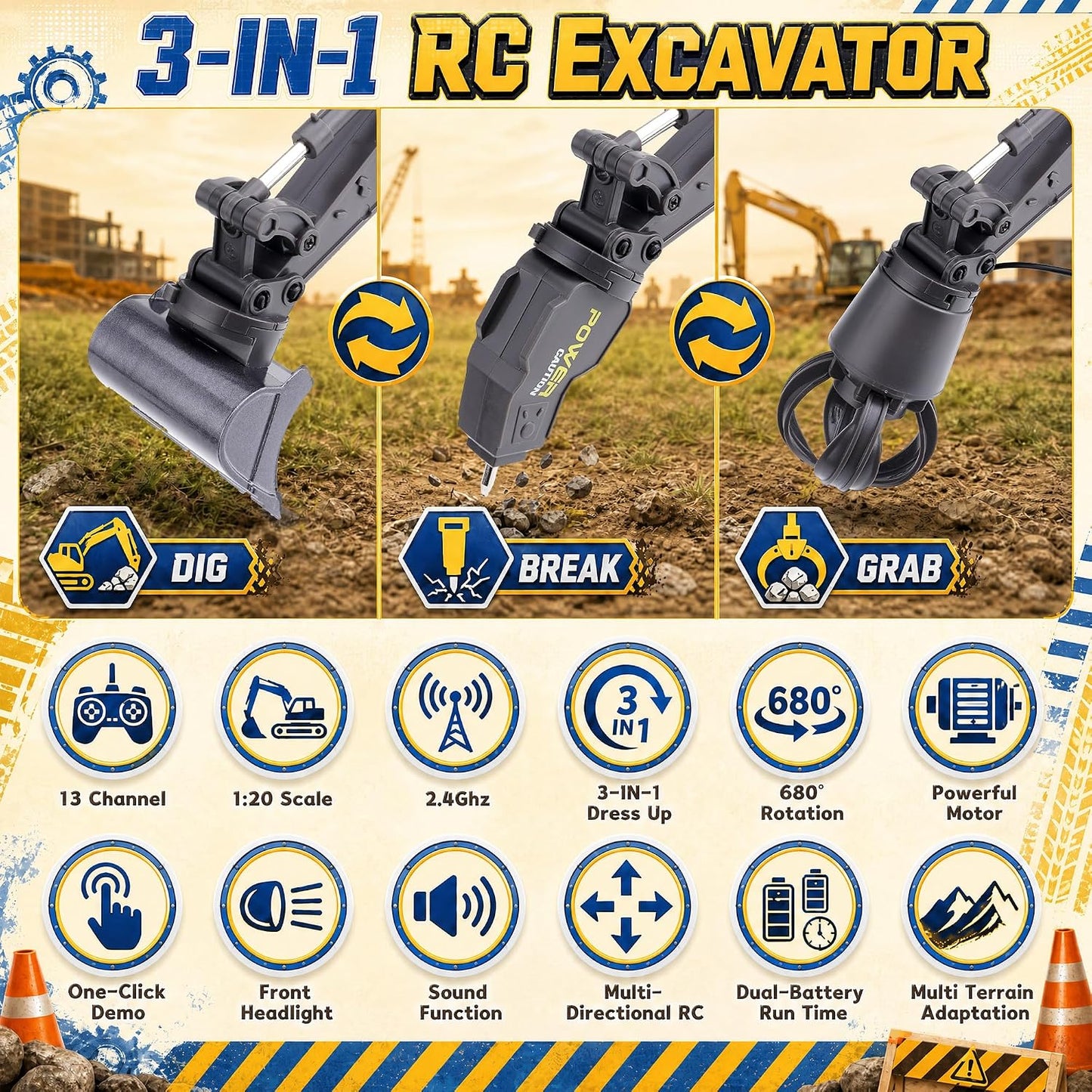 Excavadora de juguete con control remoto para niños, 3 en 1, cubo,...