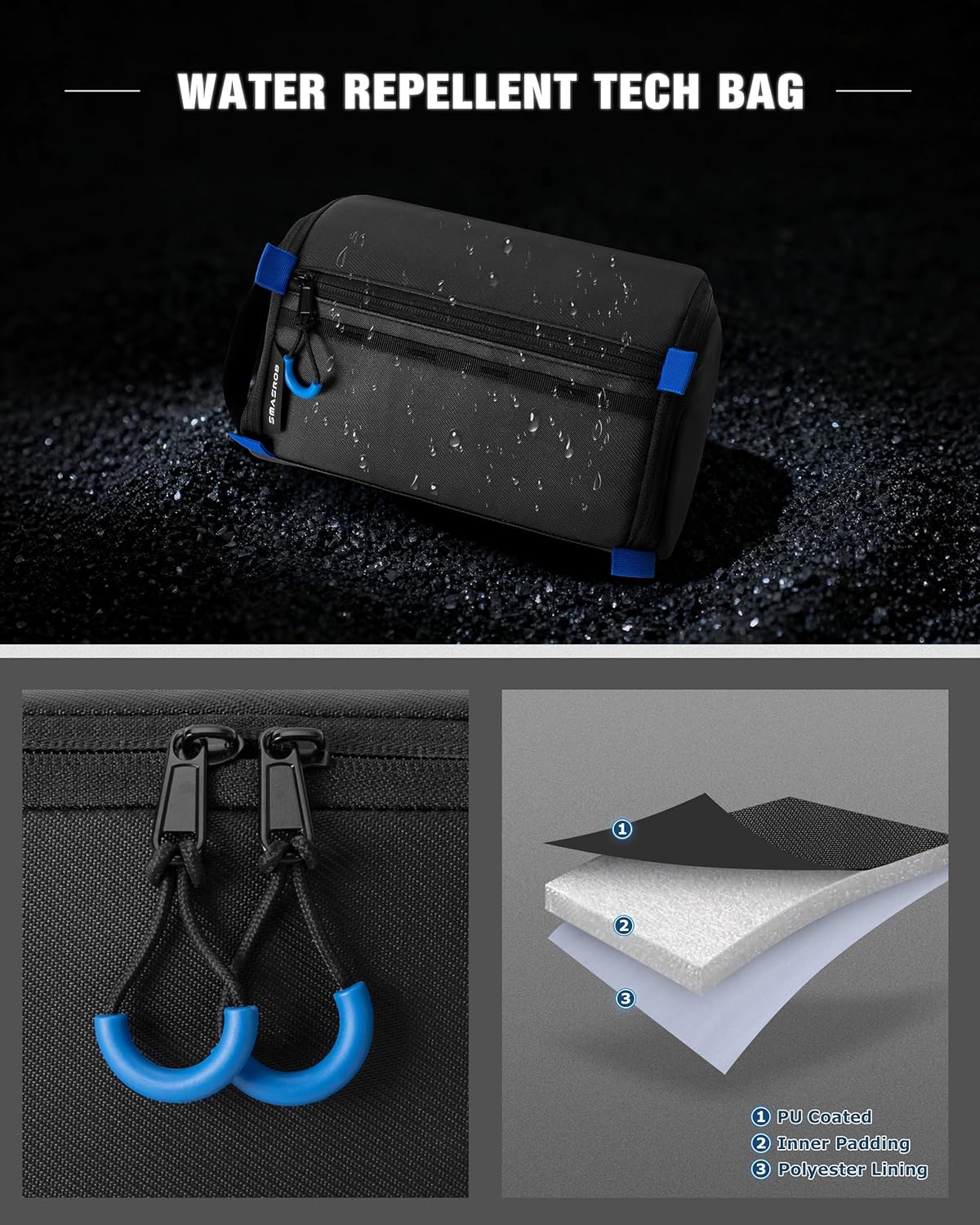 Smasrob Organizador de Electrónicos Estuche de Viaje, Bolsa Técnica Resistente al Agua Funda para Cargador para Cable, Cable, Tarjetas, Teléfono, Airpods, Negro
