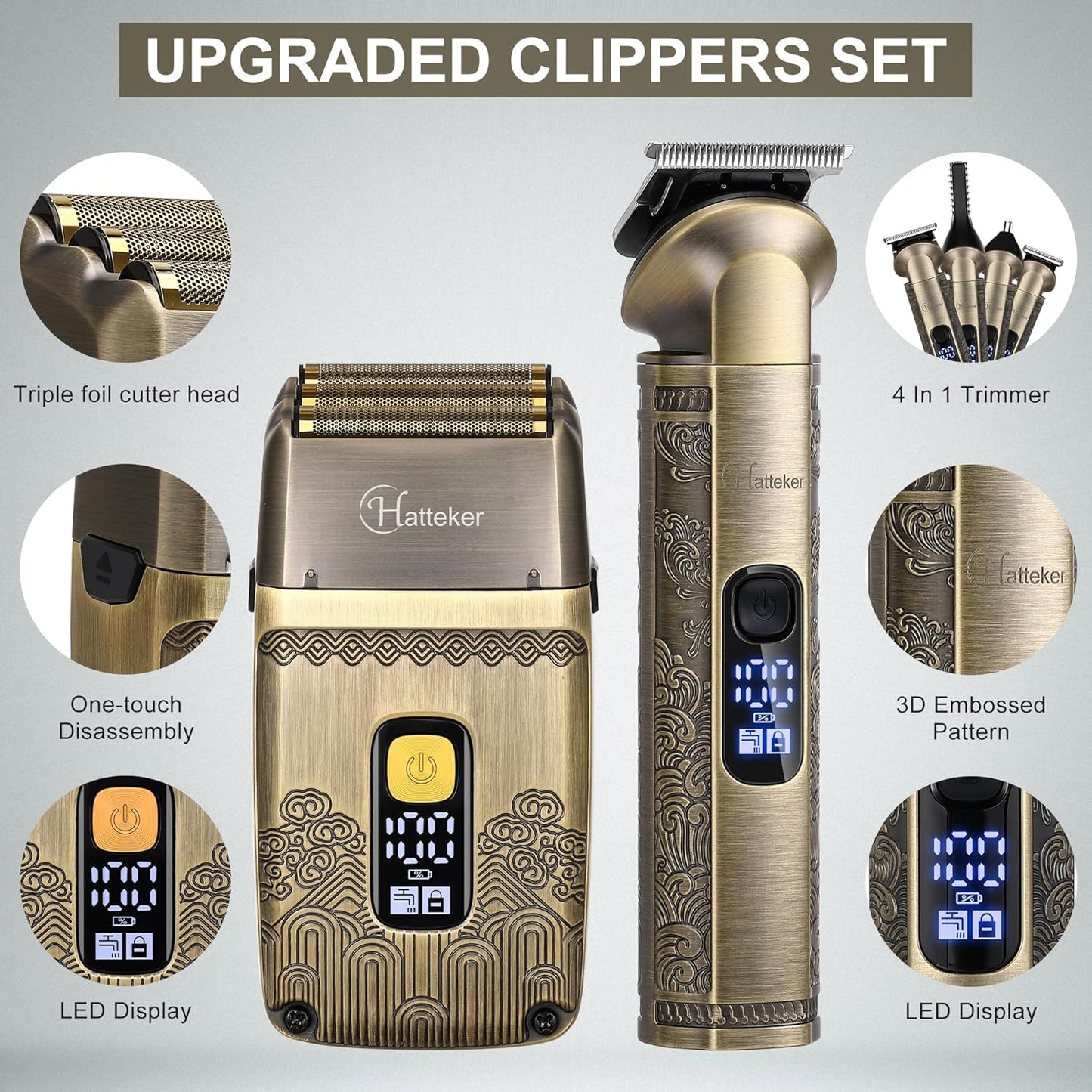 Hatteker Cortapelos Profesional Maquinilla de Afeitar Eléctrica Afeitadoras de Lámina para Hombres Cuerpo Nariz Oreja Kit de Aseo de Cabello con Cuchillas Triples Inalámbrico Impermeable