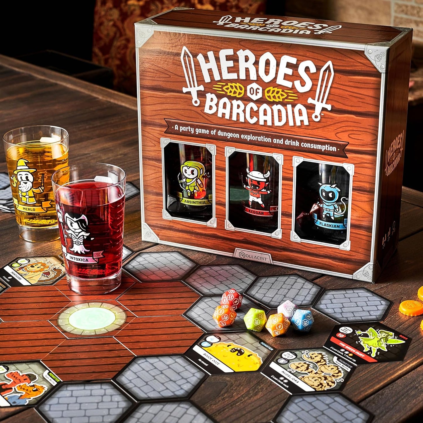 Rollacrit Heroes of Barcadia Juego de Tablero – Juego de Fiesta con Sistema Liquid Life™ y Piezas Impermeables