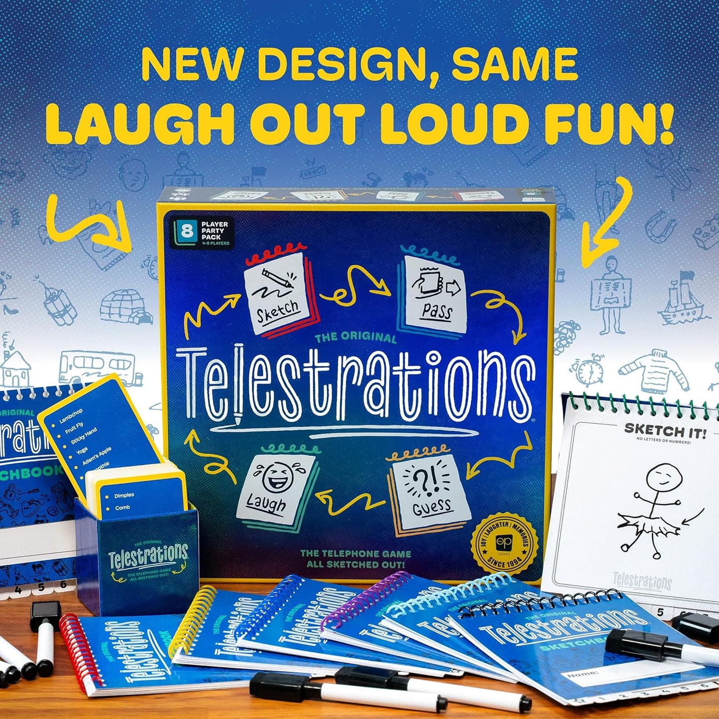 Telestrations - Juego de mesa para 8 jugadores de segunda edición, galardonado juego de fiesta divertido e impredecible imprescindible con un nuevo aspecto, dibuja lo que lees y luego adivina lo que