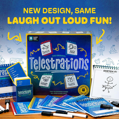 Telestrations - Juego de mesa para 8 jugadores de segunda edición, galardonado juego de fiesta divertido e impredecible imprescindible con un nuevo aspecto, dibuja lo que lees y luego adivina lo que