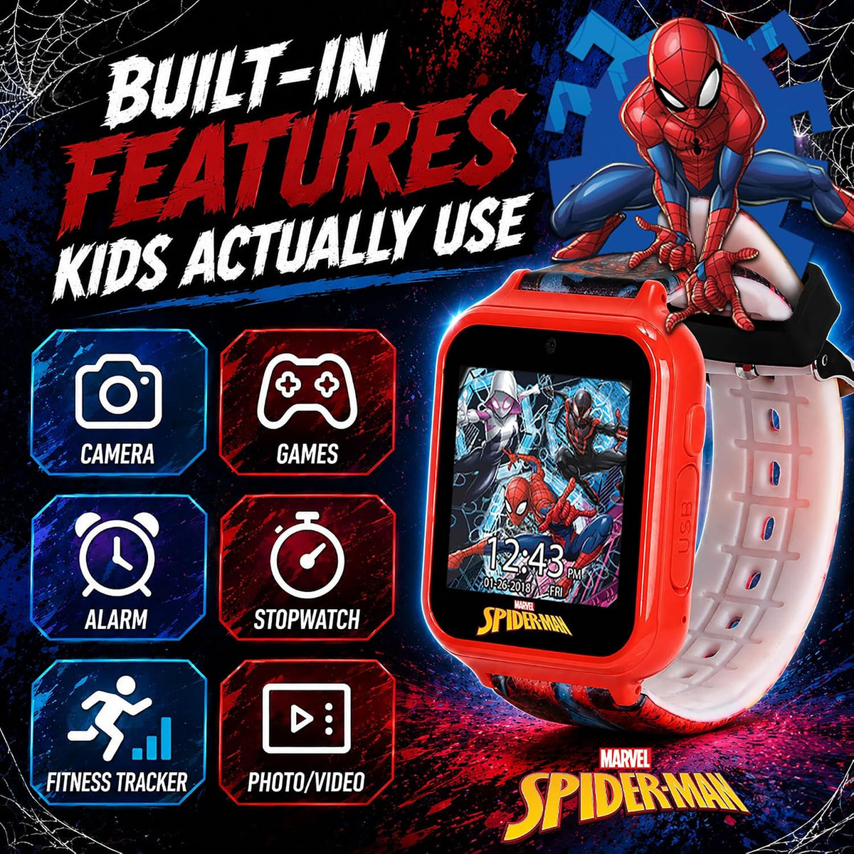 Reloj inteligente Marvel Spider-Man para niños: características div...