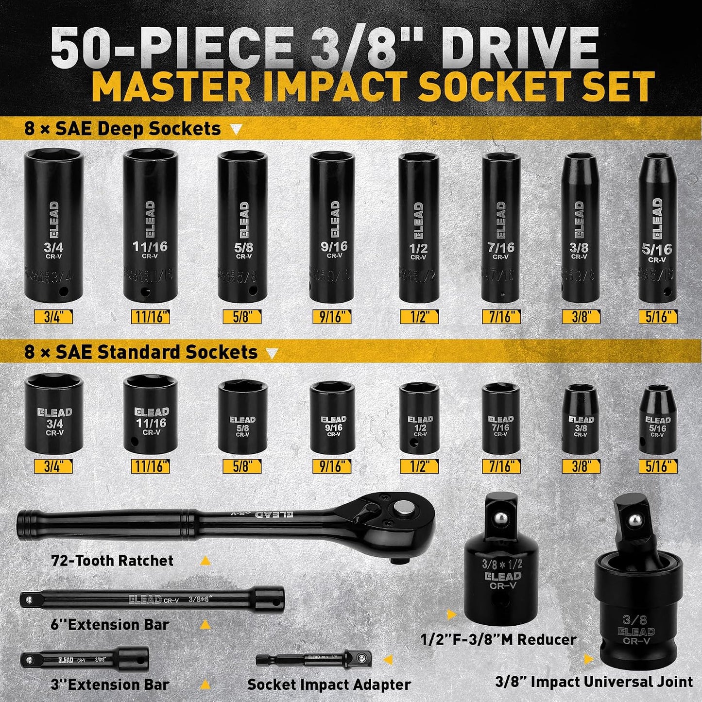 Juego de dados de impacto de 3\/8 pulgadas, juego de 50 piezas de d...