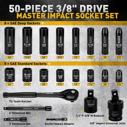 Juego de dados de impacto de 3\/8 pulgadas, juego de 50 piezas de d...