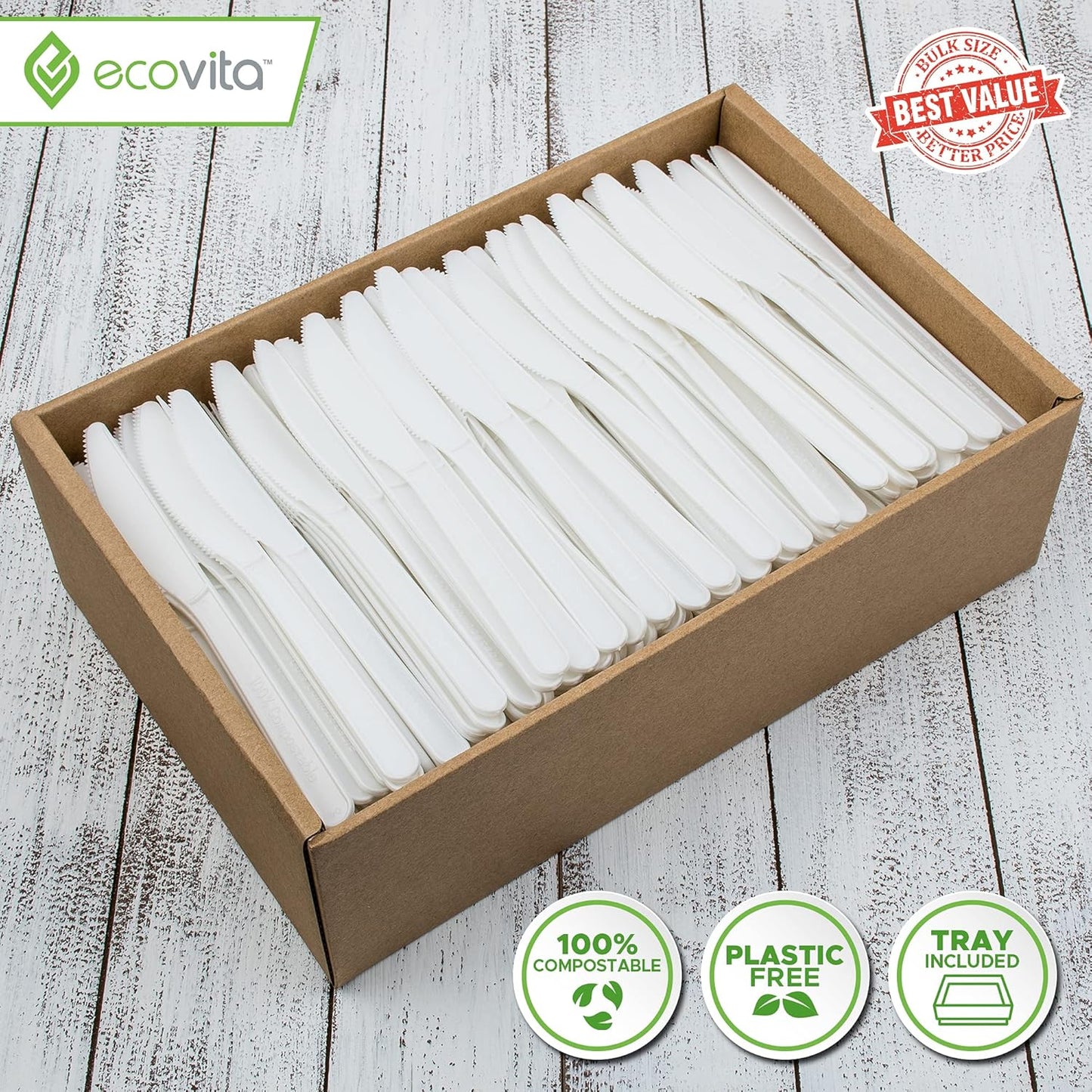 Ecovita Cuchillos 100% compostables \u2013 500 utensilios desechabl...