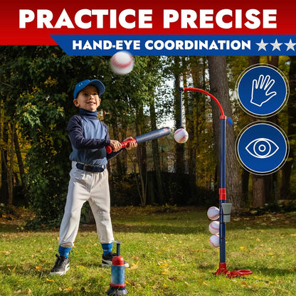 Juego de béisbol 3 en 1 para niños y niños pequeños de 3 a 5 años – Incluye soporte de pelota de camiseta, camiseta colgante, lanzador automático de bolas y 6 bolas de softball, altura ajustable para
