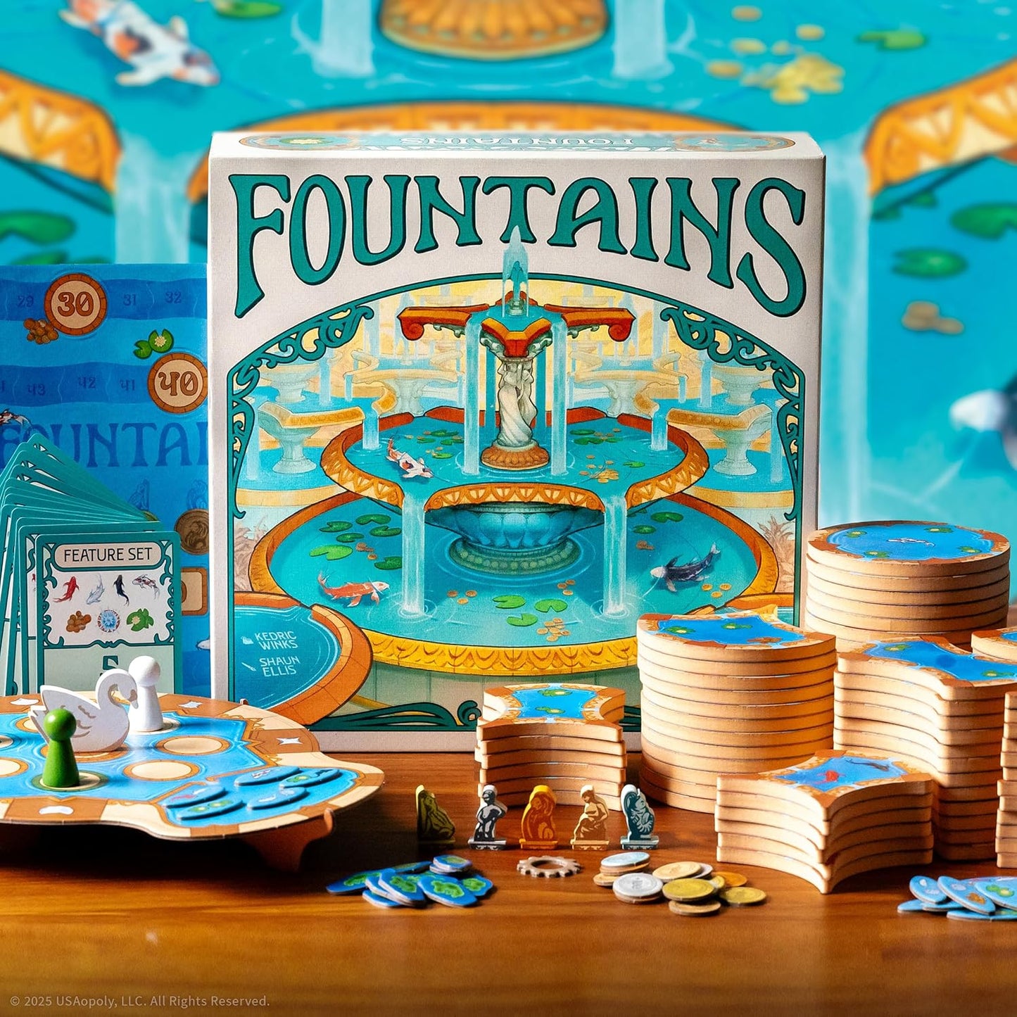 Juego de mesa Fountains, juego competitivo de colocación de azulejos y estrategia, impresionante estética Art Nouveau, 1-5 jugadores, único apilamiento 3D y reclutamiento, amigable para la familia y