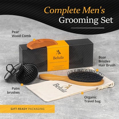 Belula Set de aseo de cabello para hombres: cepillo de cerdas de jabalí, cepillo de alfiler de nailon, peine de madera y bolsa de viaje para peinar