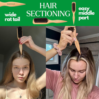 GranNaturals Cepillo de Cabello con Cerdas de Jabalí para Peinado Hacia Atrás para Cola de Caballo Elegante, Moño y Alisado de Cabello de Bebé, Cabellos Sueltos, Control de Bordes - Cepillo de Cardado