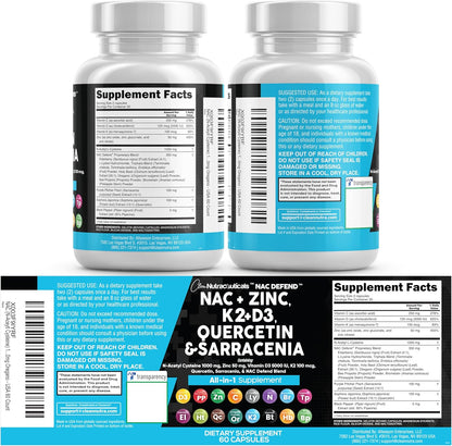 Suplemento NAC N-acetil cisteína Vitamina D3 K2 Zinc Quercetina Sar...