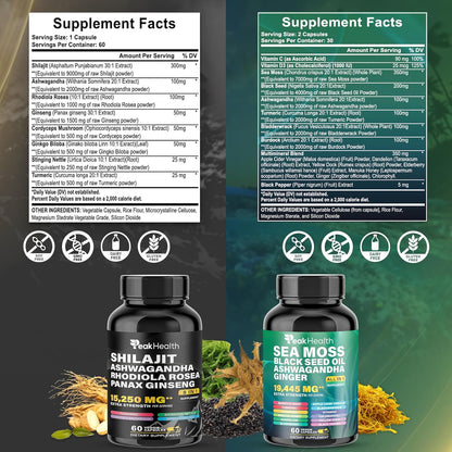 Peakhealth Cápsulas de Shilajit Sea Moss Aceite de Semilla Negra As...