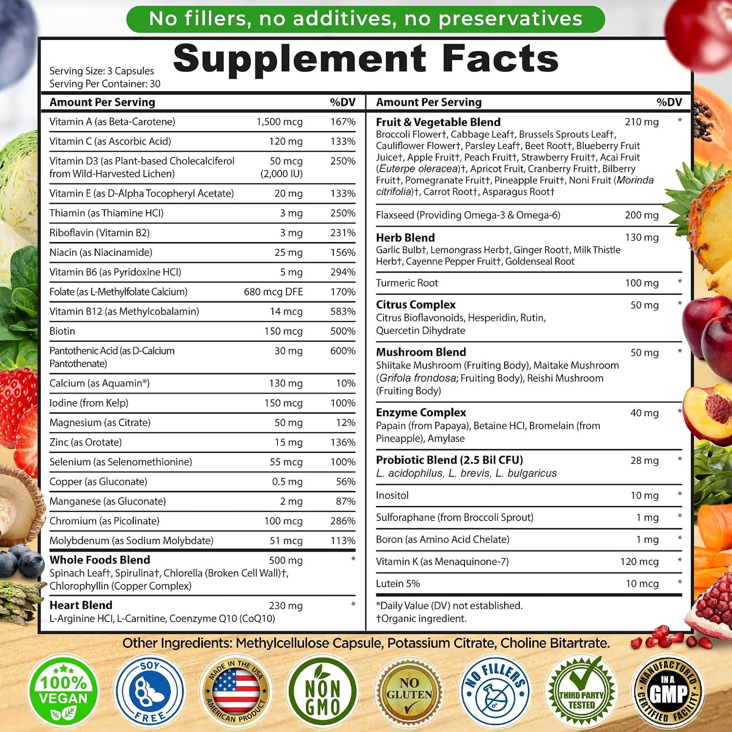 Multivitamínico vegano de alimentos integrales sin hierro, multivit...