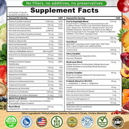 Multivitamínico vegano de alimentos integrales sin hierro, multivit...