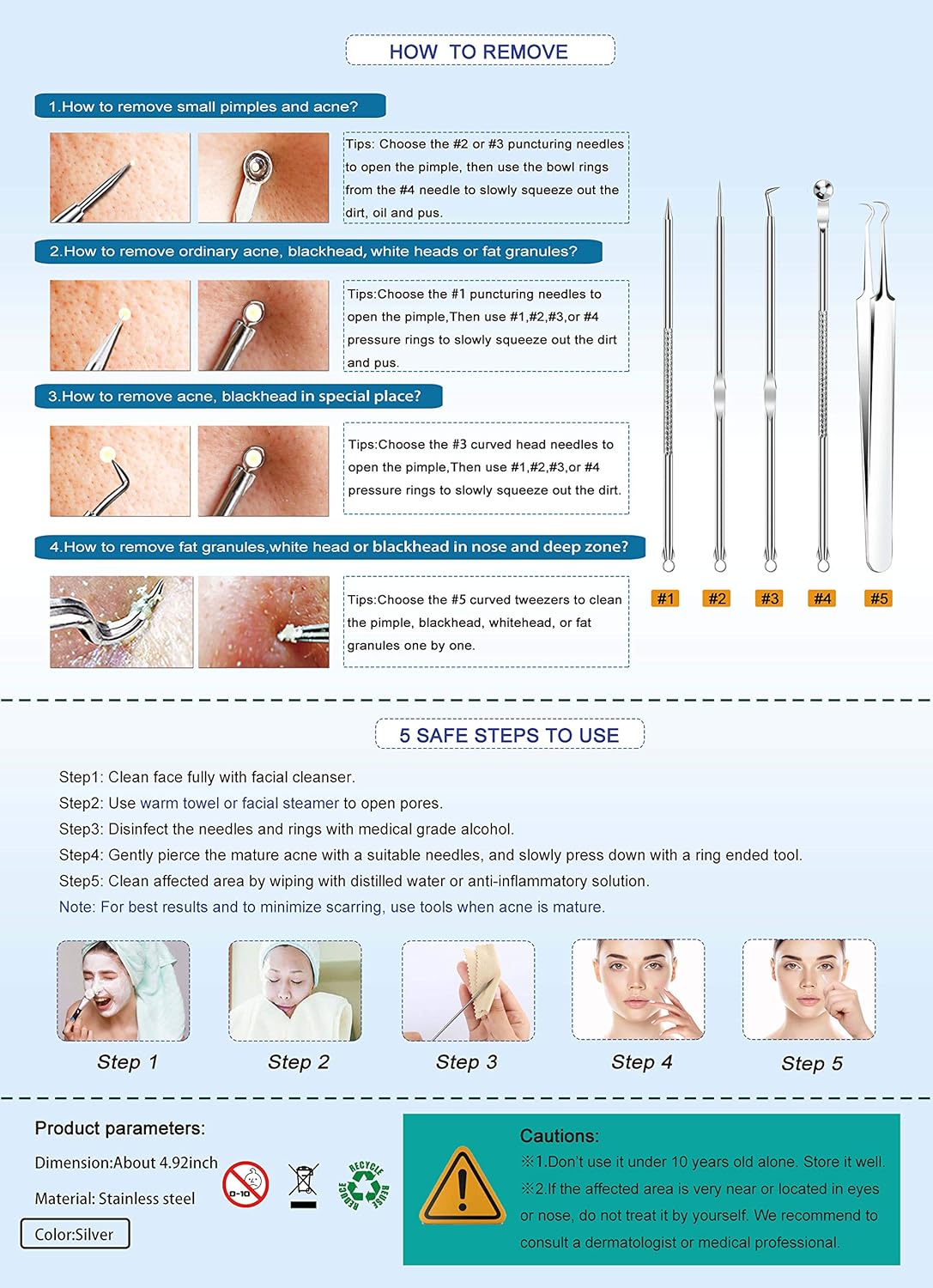 5 piezas de removedor de puntos negros, extractor de comedones, kit de pinzas curvas para puntos negros, kit de herramientas profesionales de acero inoxidable para eliminar espinillas, acné y manchas