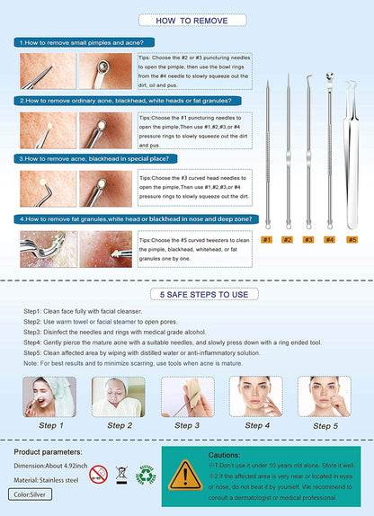 5 piezas de removedor de puntos negros, extractor de comedones, kit de pinzas curvas para puntos negros, kit de herramientas profesionales de acero inoxidable para eliminar espinillas, acné y manchas