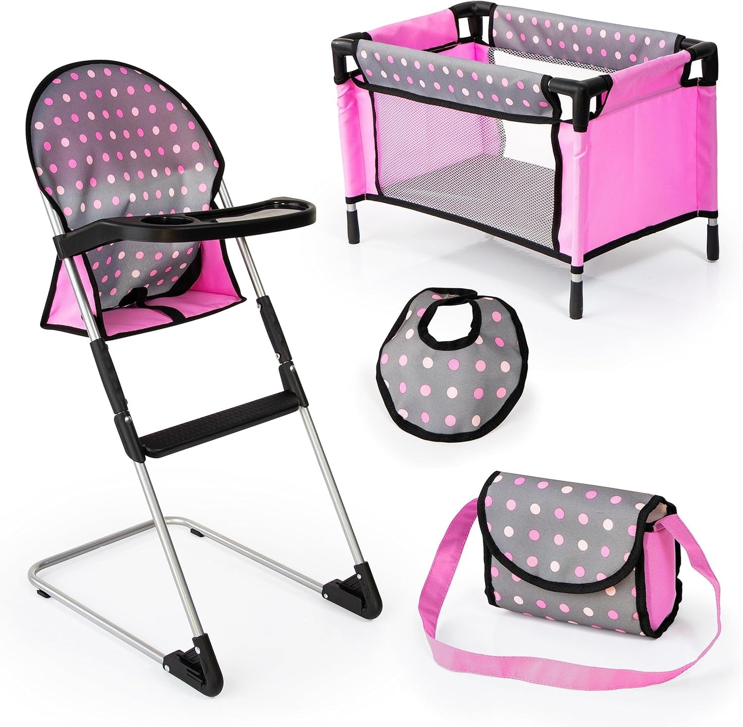 Bayer Set de Trona\/Cuna para Muñecas, Gris, Rosa con Puntos