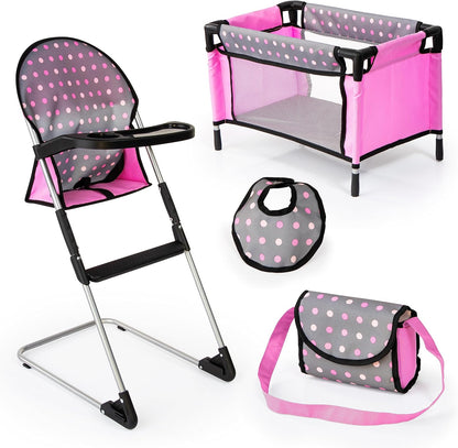 Bayer Set de Trona\/Cuna para Muñecas, Gris, Rosa con Puntos