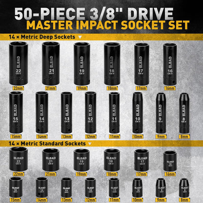 Juego de dados de impacto de 3\/8 pulgadas, juego de 50 piezas de d...