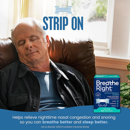 Breathe Right Bandas Nasales | Fuerza Extra | Transparentes | Para Piel Sensible | Solución Sin Fármacos para Ronquidos y Alivio de la Congestión Nasal Causada por Resfriados y Alergias | 44 Unidades
