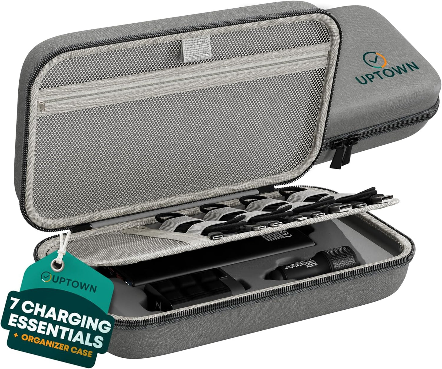 Uptown Paquete de tecnología de carga de viaje de 7 piezas, cargador portátil de 10,000 mAh, adaptador de pared GaN de 45 W, cargador de automóvil de 48 W y 4 cables con organizador de cables, esenciales de viaje para teléfonos, tabletas y computadoras po