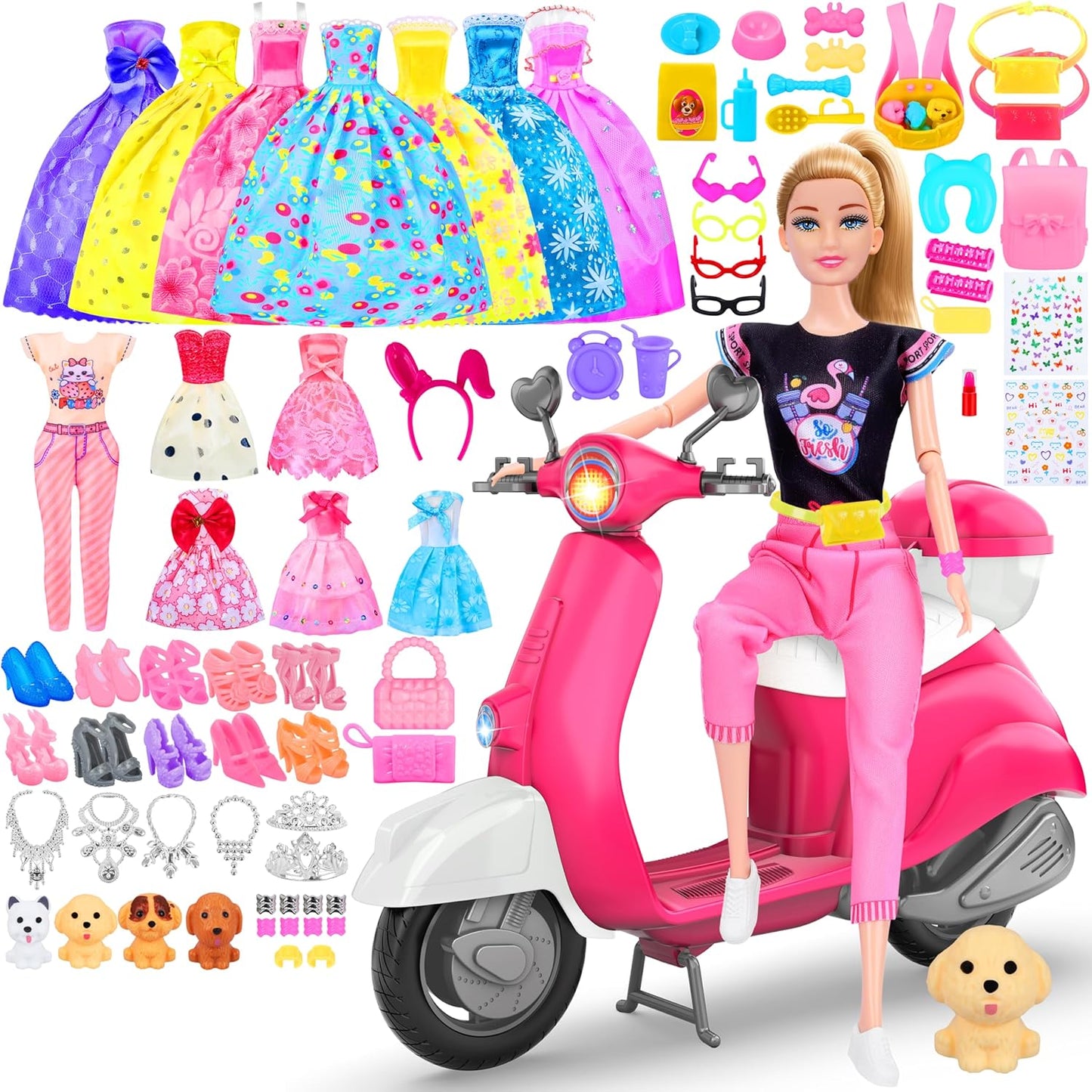 MINIFUN Juego de 75 piezas de scooter para muñecas, ropa y accesori...