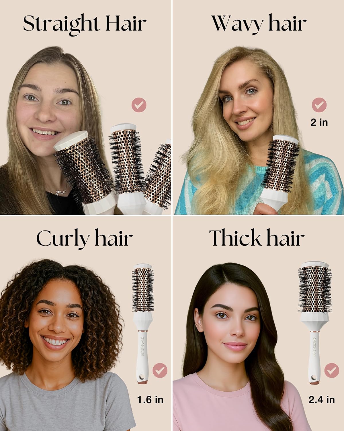 Lily England Juego de Cepillos Redondos para el Cabello, Kit Profesional de Secado con Secador de 4 Piezas con 3 Cepillos Redondos y Peine para Peinado, Juegos de Regalos de Belleza para Mujeres