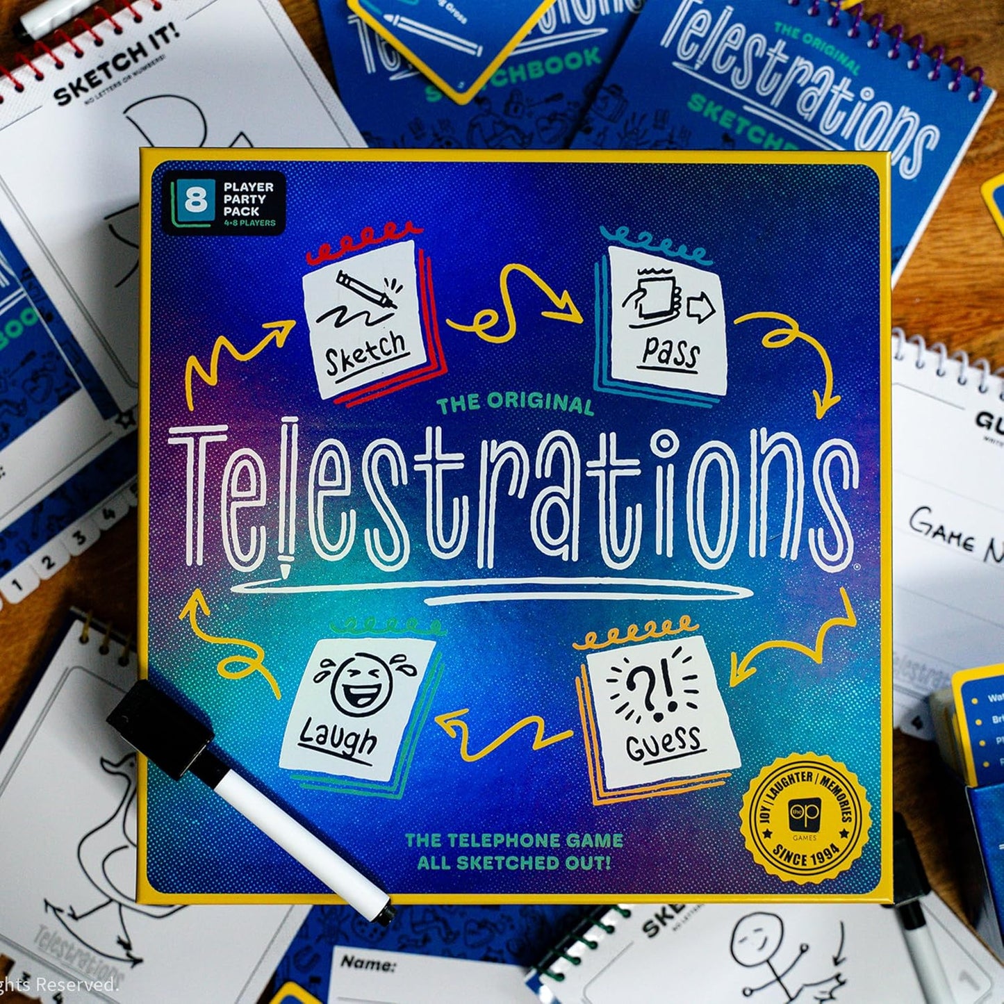 Telestrations - Juego de mesa para 8 jugadores de segunda edición, galardonado juego de fiesta divertido e impredecible imprescindible con un nuevo aspecto, dibuja lo que lees y luego adivina lo que