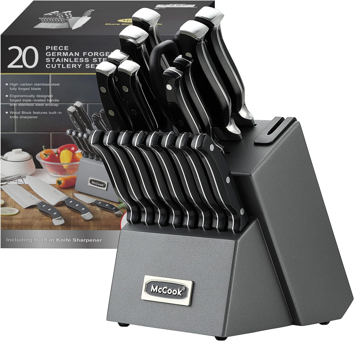 McCook Juego de cuchillos de cocina afilados con afilador incorpora...