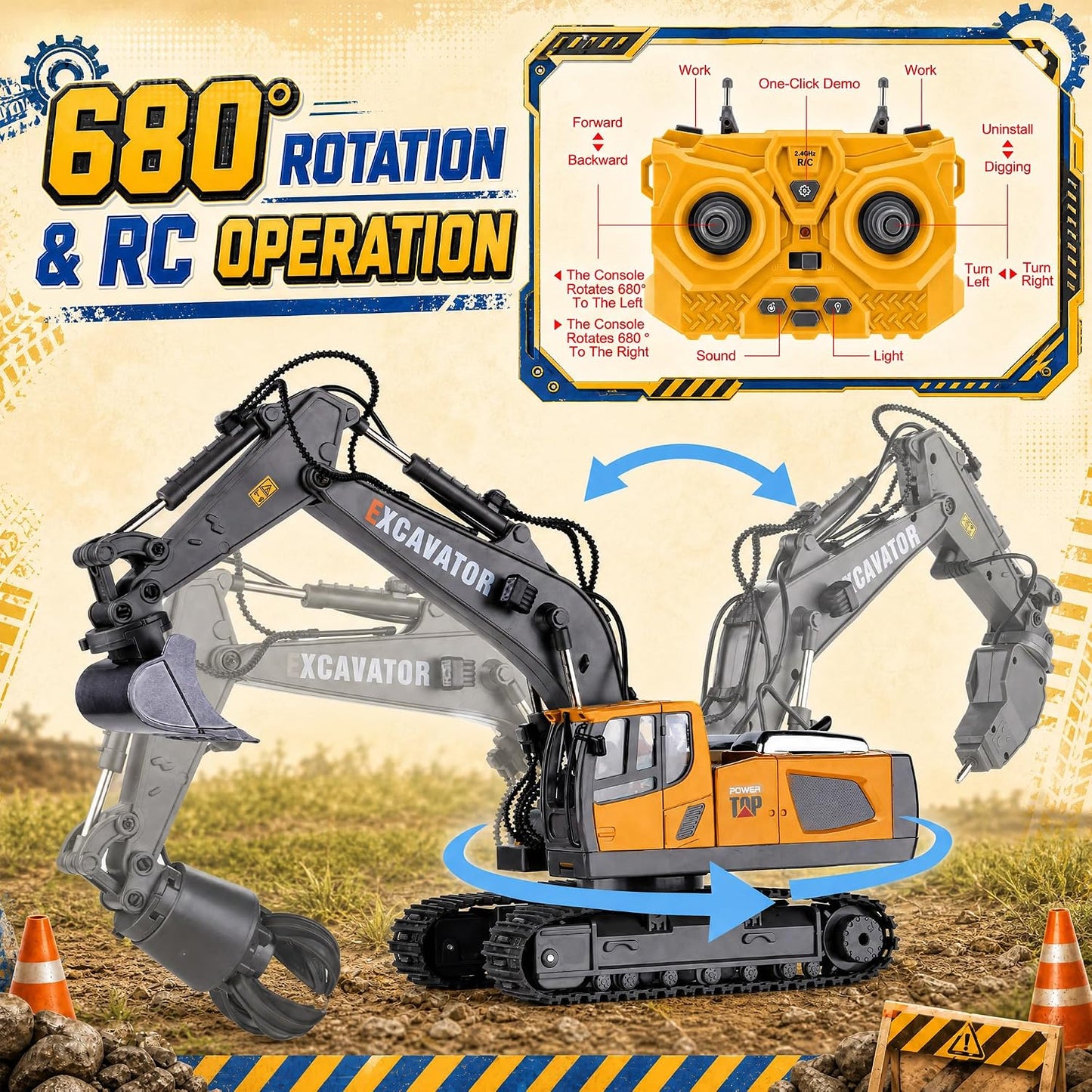 Excavadora de juguete con control remoto para niños, 3 en 1, cubo,...