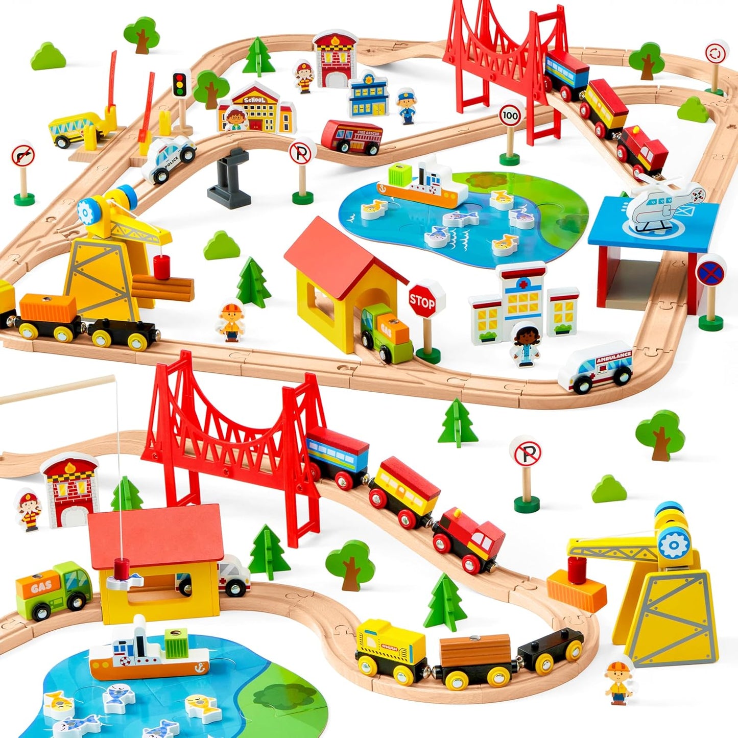 Juego de trenes de madera de 110 piezas - Trenes magnéticos de jugu...
