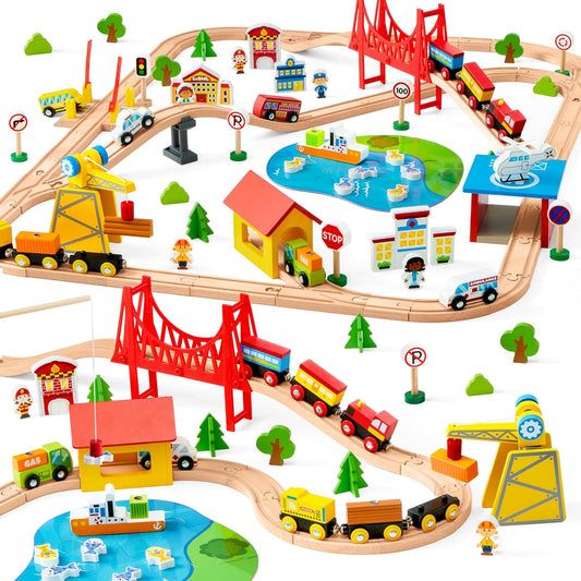 Juego de trenes de madera de 110 piezas - Trenes magnéticos de jugu...