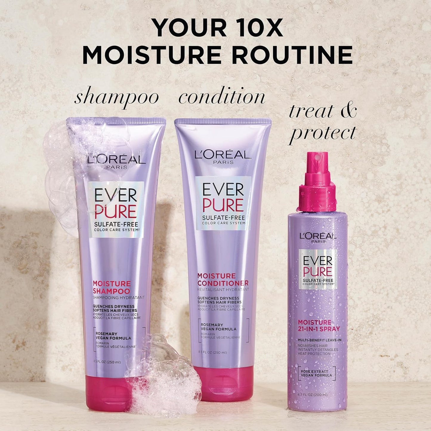 L'Oreal Paris Acondicionador en aerosol sin enjuague 21 en 1, sin sulfato, vegano, EverPure 6.8 onzas líquidas