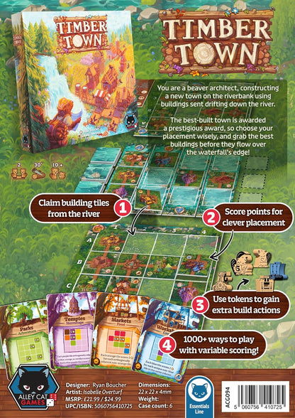 Timber Town - Juego de mesa de Alley Cat Games | A partir de 10 años | Juego de estrategia de dibujo de río para 2 jugadores | Colocación de azulejos, objetivos variables y construcción de ciudad con