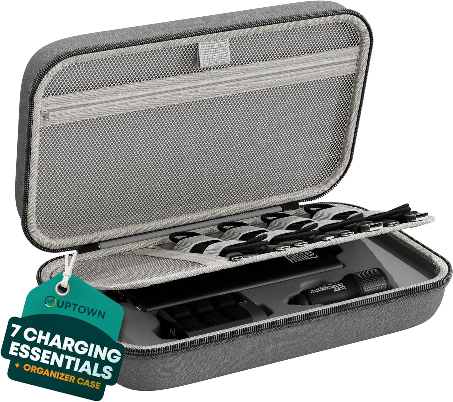 Uptown Paquete de tecnología de carga de viaje de 7 piezas, cargador portátil de 10,000 mAh, adaptador de pared GaN de 45 W, cargador de automóvil de 48 W y 4 cables con organizador de cables, esenciales de viaje para teléfonos, tabletas y computadoras po
