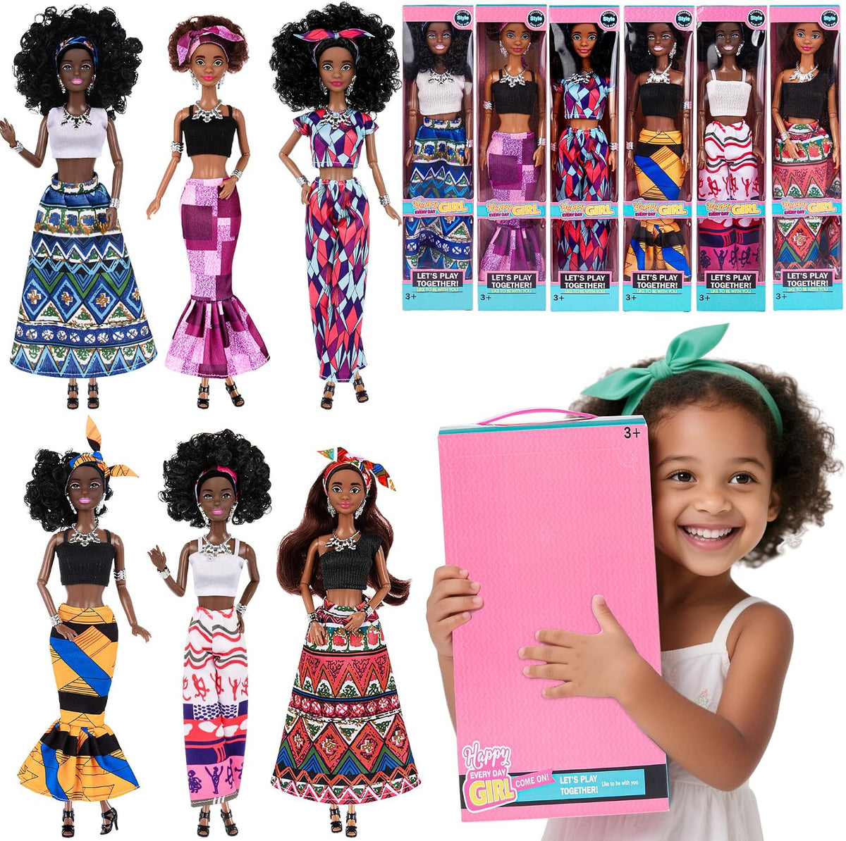 dollbie Juego de 6 muñecas de moda afroamericana con trajes para me...