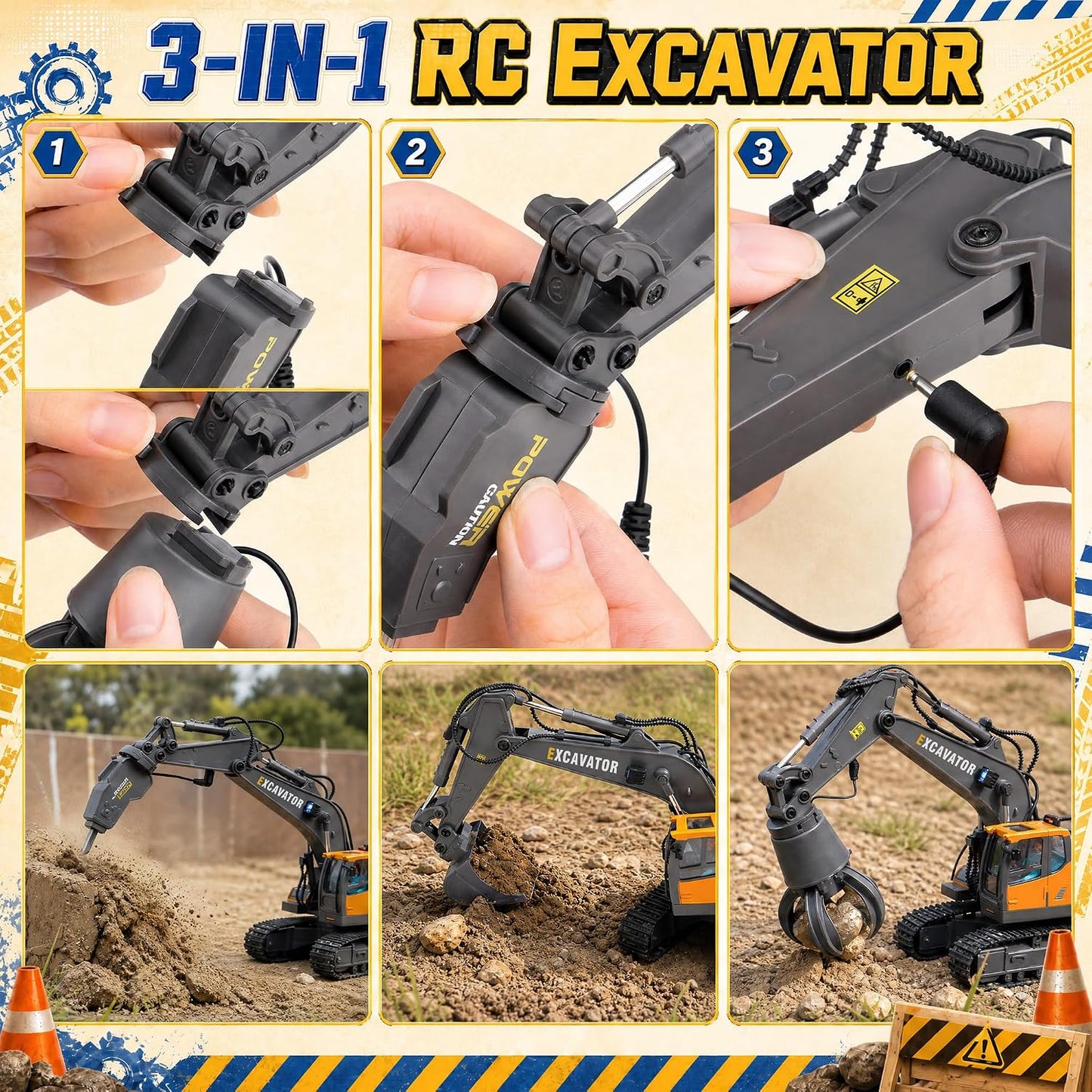 Excavadora de juguete con control remoto para niños, 3 en 1, cubo,...